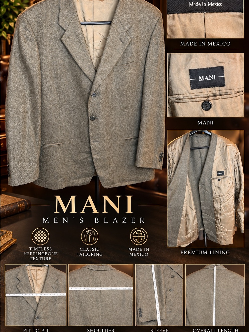 MANI Men’s Herringbone Tweed Blazer Sport Coat Olive Green/Tan Made in Mexico